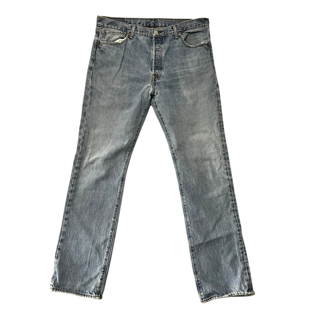 Levis 501 Straight Leg Light Wash Distressed Blue Jeans Mens 36x33